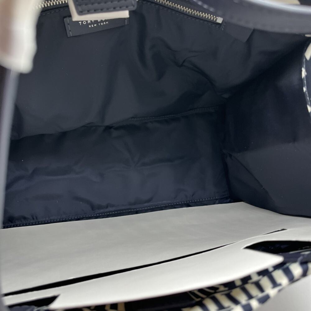 Tory Burch Ella Printed Tote Bag Navy Blue Beige Circles Gingham Nylon Leather - Picture 9 of 12